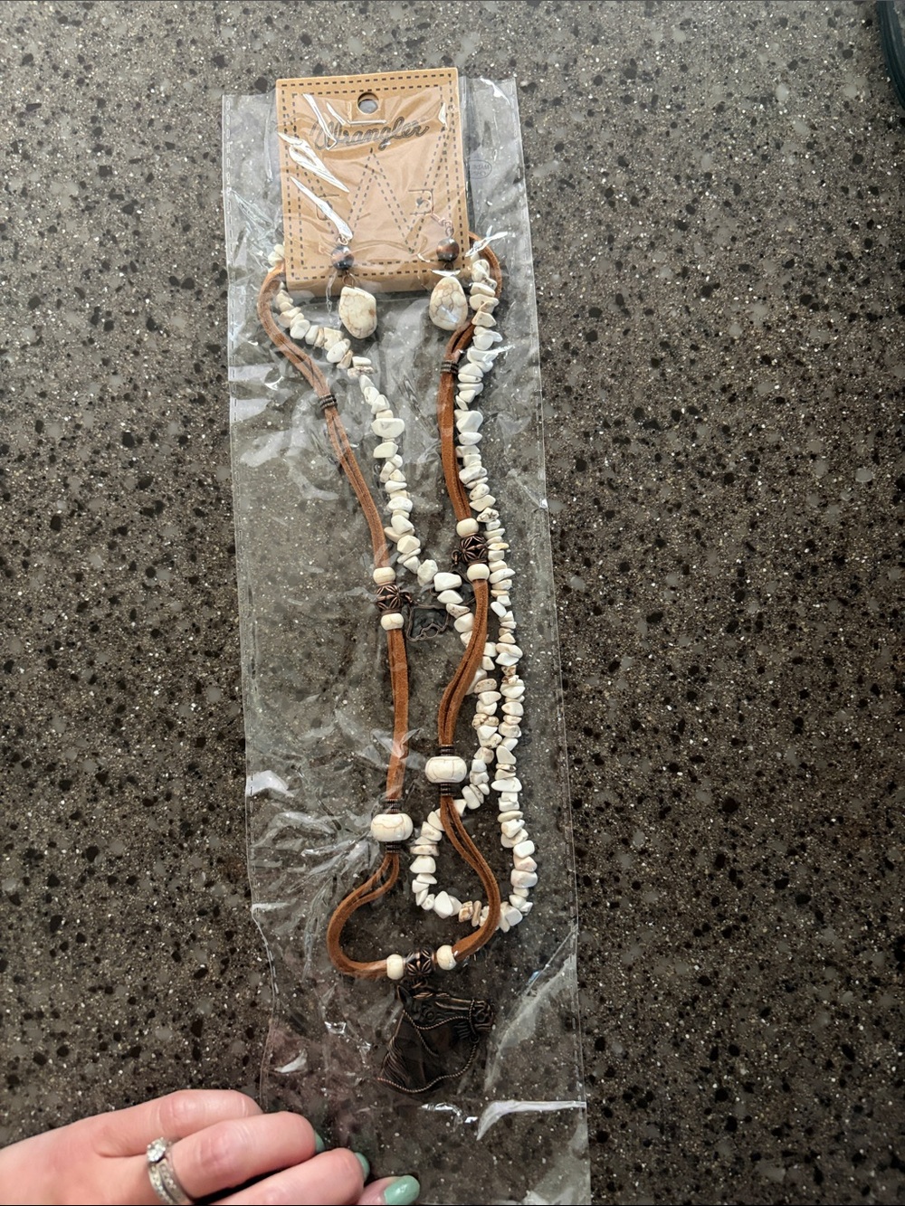 Boho White Howlite & Brown Leather Layered Necklace and earrings
